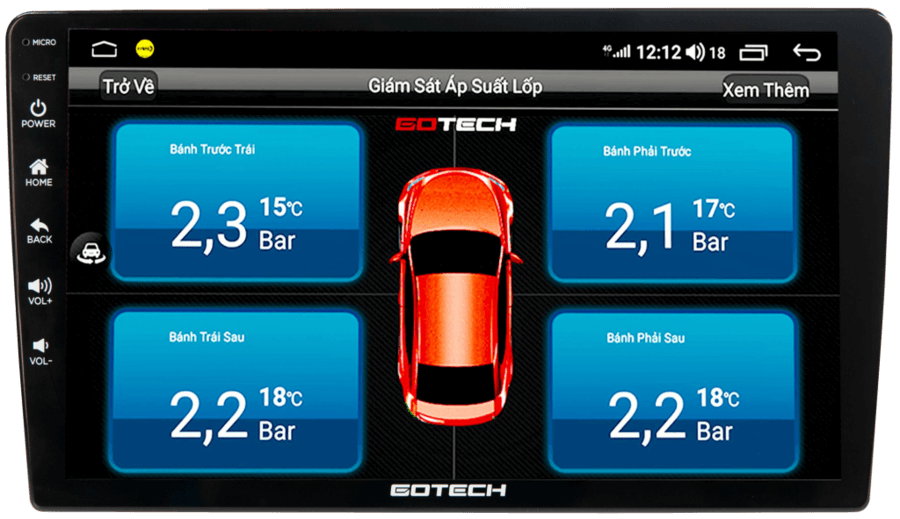 Màn hình GOTECH GT8 MAX hiển thị thông tin áp suất lốp